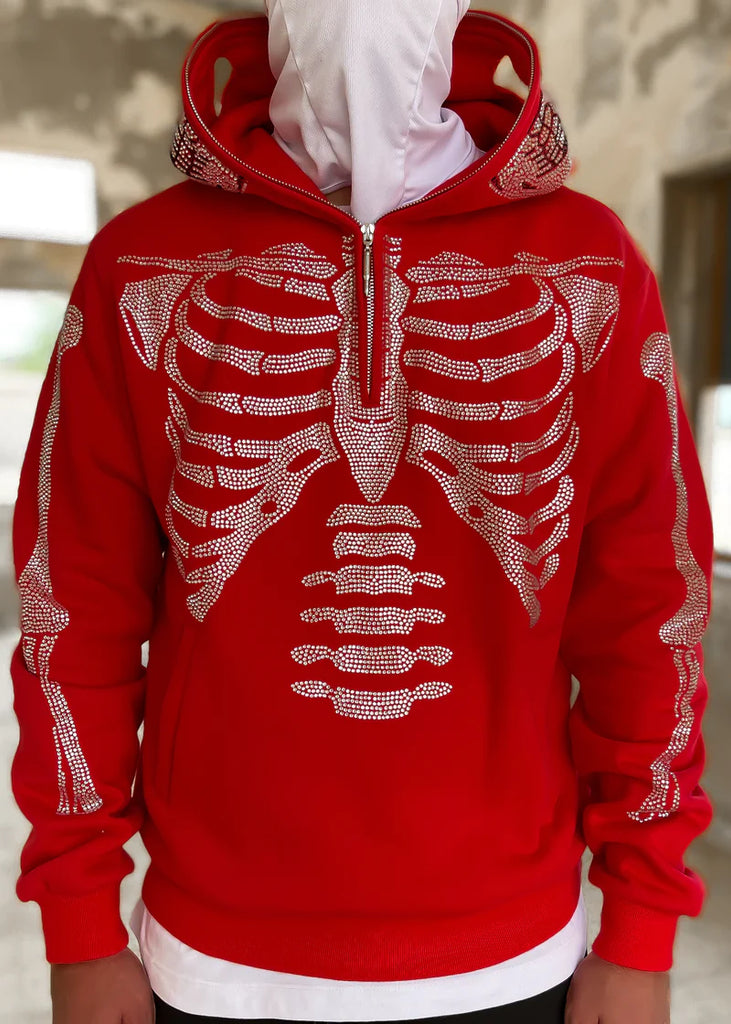 Red skeleton zip hoodie hotsell